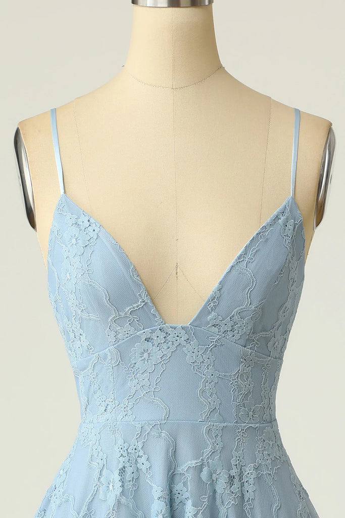 A Line Lace Blue Spaghetti Straps V neck Homecoming Dress, Cocktail Dresses OMH0138