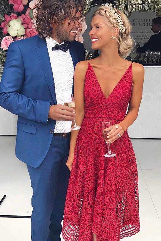 A Line Red Deep V Neck Spaghetti Straps Asymmetrical Lace Bridesmaid Dresses OB0001