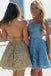 Gold Lace A line Lace up Back Homecoming Dress, Mini Graduation Dresses OMH0190