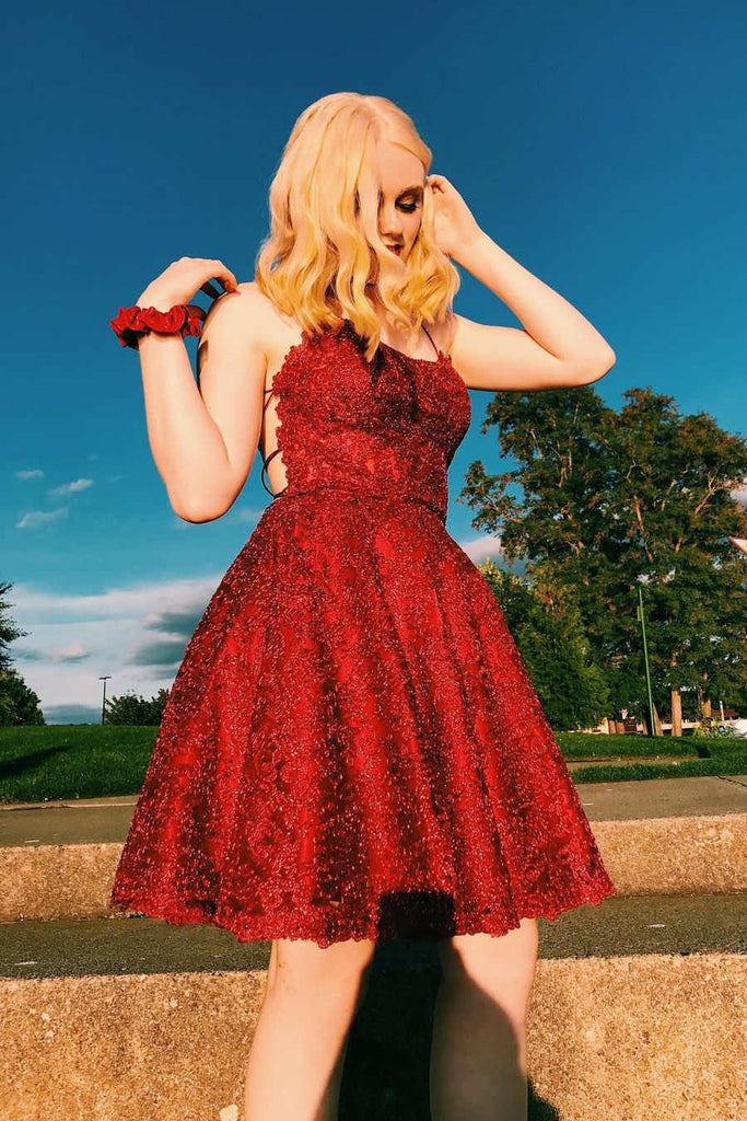 Gold Lace A line Lace up Back Homecoming Dress, Mini Graduation Dresses OMH0190