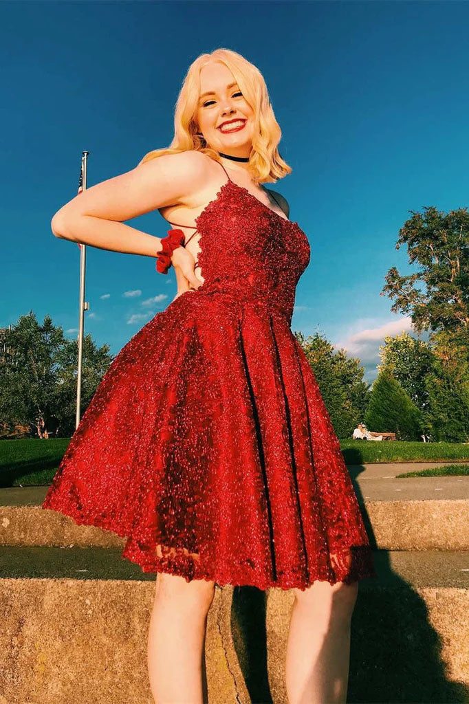 Gold Lace A line Lace up Back Homecoming Dress, Mini Graduation Dresses OMH0190
