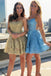 Gold Lace A line Lace up Back Homecoming Dress, Mini Graduation Dresses OMH0190