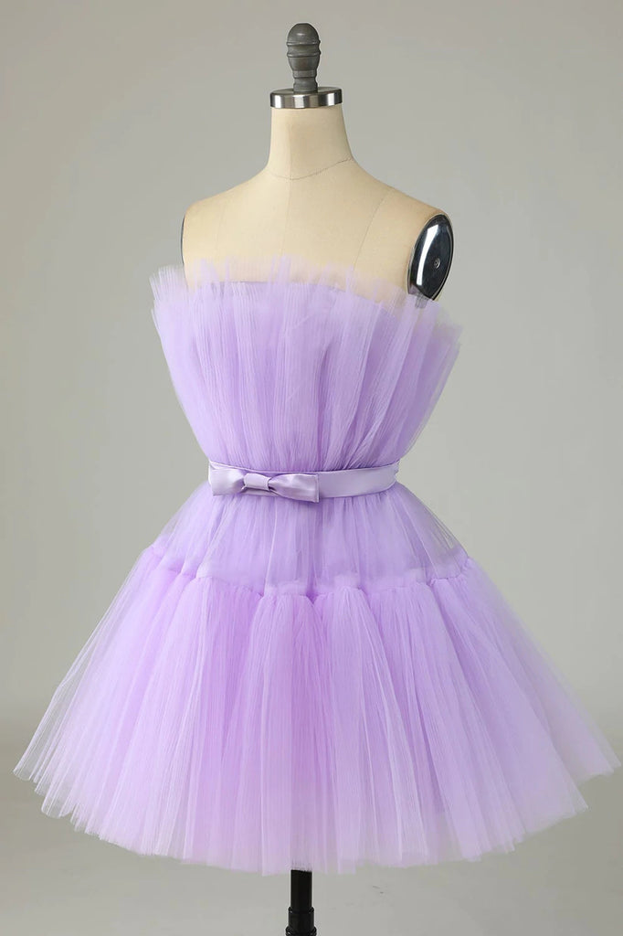 Cute Lavender A line Strapless Tulle Homecoming Dresses, Cocktail Dresses with Ribbon OMH0082