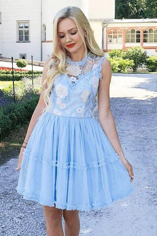 Elegant Jewel Short Cheap Light Blue Tulle Homecoming Party Dresses with Lace PDO50