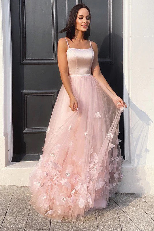 A Line Spaghetti Straps Tulle Hand Made Flowers Floor Length Sleeveless Prom Evening Dress OM0300