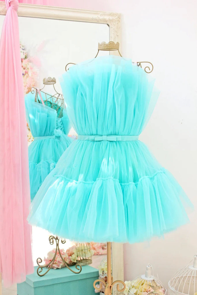 Hot Pink A line Strapless Tulle Short Homecoming Dresses with Bowknot, Mini Dress OMH0209
