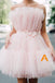 Light Pink Tulle Strapless Short Homecoming Dress with Sash, Graduation Dresses OMH0196