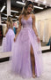 Princess A line Lilac V Neck Tulle Prom Dresses With Lace Up, Appliques Dance Dress OM0325