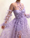 High Neck Long Sleeves Tulle Hand Made Flowers Prom Dresses Sexy Slit Evening Dress OM0287