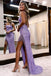 Lilac Mermaid Sequins Spaghetti Straps Scoop Lace Up Prom Dresses With Slit OM0350