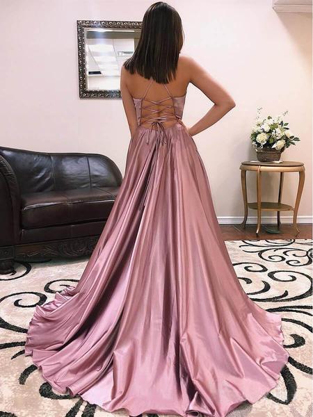 Cheap Simple Spaghetti Strap Long Prom Dresses Side Slit PDH47