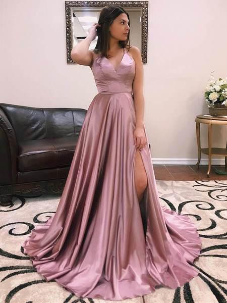 Cheap Simple Spaghetti Strap Long Prom Dresses Side Slit PDH47