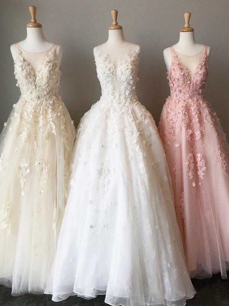 A Line Long Lace Applique Prom Dresses Cheap Tulle Evening Dresses PDH43
