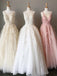 A Line Long Lace Applique Prom Dresses Cheap Tulle Evening Dresses PDH43
