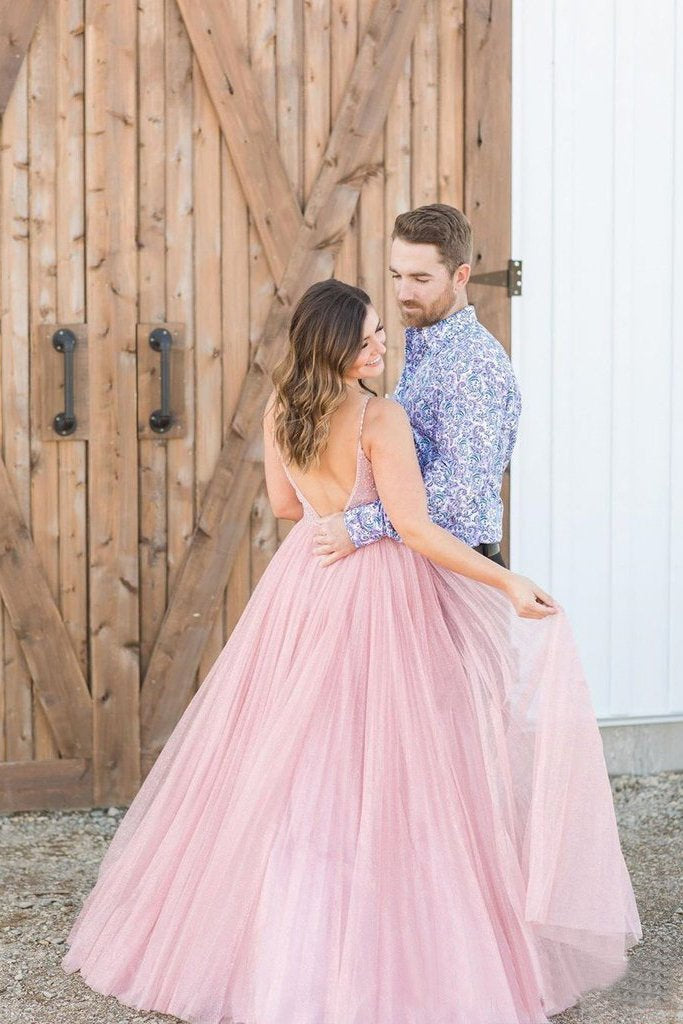 Long Beaded Bodice V-neck Neckline Chiffon Pink Prom Dress Formal Dresses PDS7