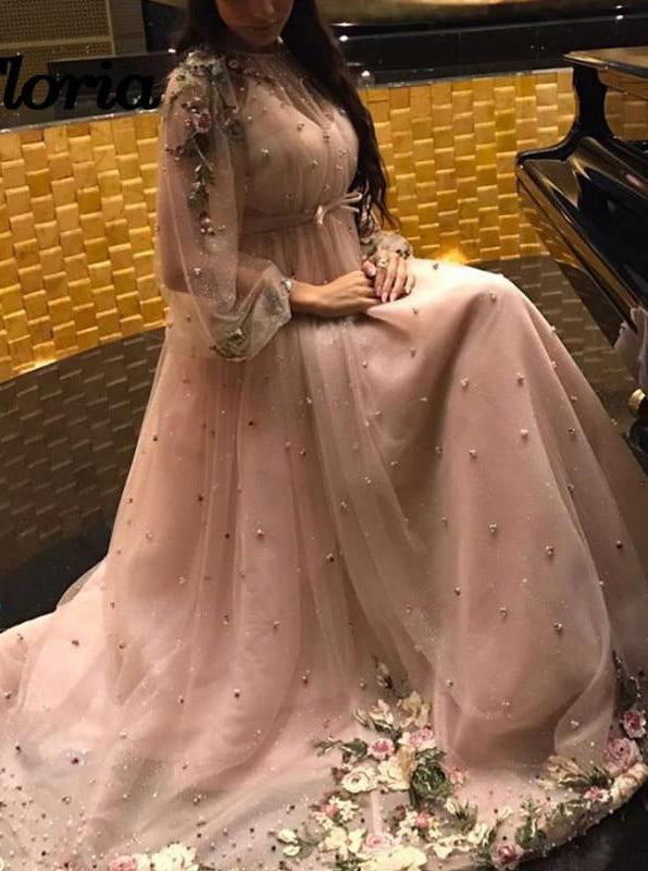 Charming A Line Long Sleeves Tulle Pearl Pink Prom Dress with Flowers, Beads Dance Dress OM0241