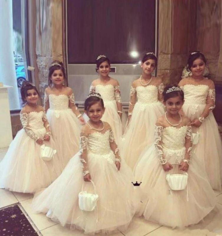 Princess A-Line Long Sleeves Tulle Lace Flower Girl Dresses with Bowknot, Child Dresses OMF0001