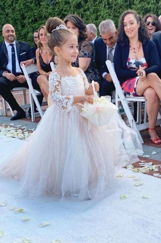 Princess A-Line Long Sleeves Tulle Lace Flower Girl Dresses with Bowknot, Child Dresses OMF0001