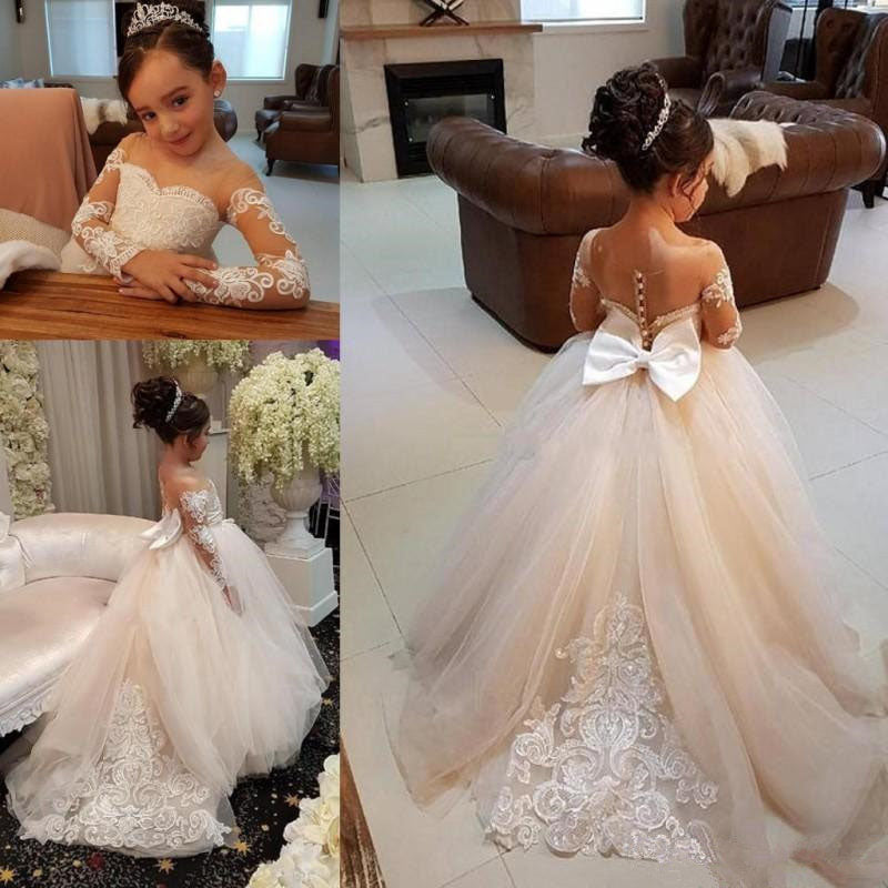 Princess A-Line Long Sleeves Tulle Lace Flower Girl Dresses with Bowknot, Child Dresses OMF0001