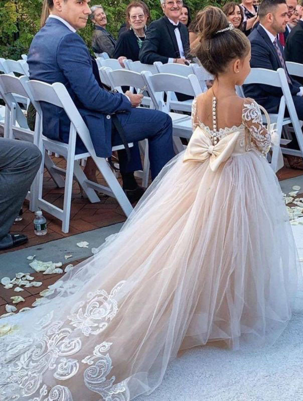 Princess A-Line Long Sleeves Tulle Lace Flower Girl Dresses with Bowknot, Child Dresses OMF0001