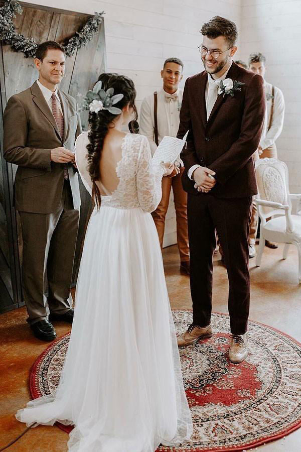 Round Neck A line Lace Long Sleeves Chiffon Wedding Dresses with Backless OW0023