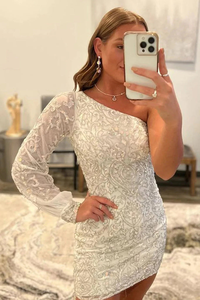 Orange Beaded Sequins One Shoulder Long Sleeves Sheath Short Homecoming Dresses OMH0256