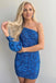 Orange Beaded Sequins One Shoulder Long Sleeves Sheath Short Homecoming Dresses OMH0256