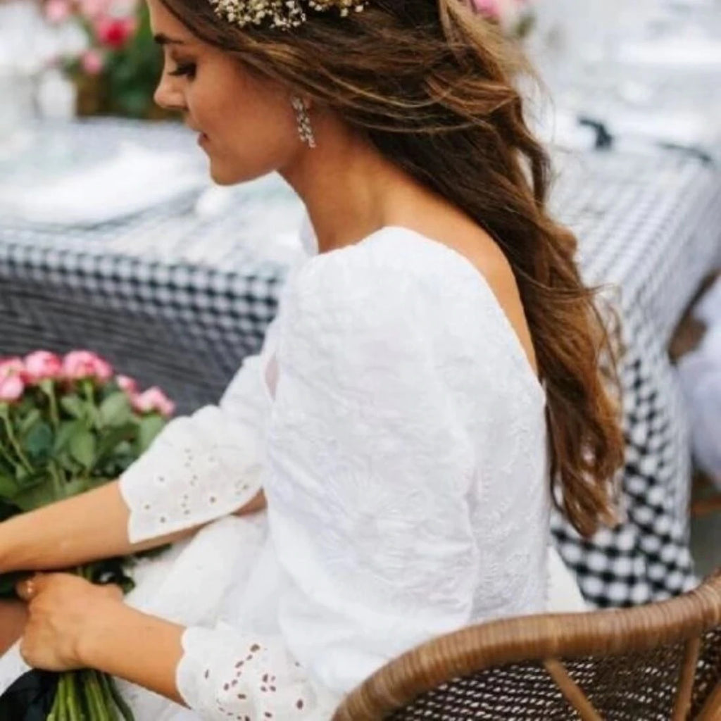 Rustic A line Long Sleeves Ivory Lace Layers Beach Wedding Dresses, Wedding Gowns OW0034