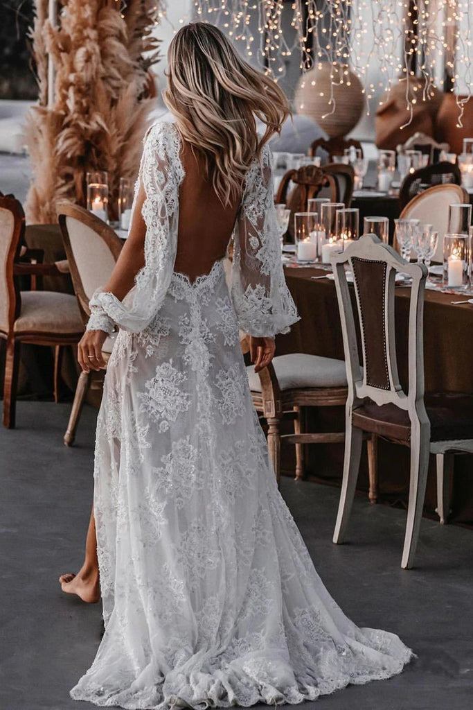 Chic A Line Lace Ivory See Through Long Sleeve Wedding Dresses, Backless Beach Bridal Gown OW0042