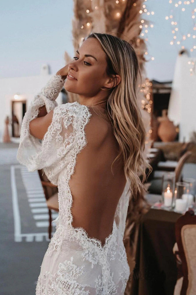 Chic A Line Lace Ivory See Through Long Sleeve Wedding Dresses, Backless Beach Bridal Gown OW0042