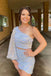 Pink One Shoulder Long Sleeves Two Pieces Sequins Homecoming Dress, Mini Prom Dress OMH0186