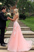 Elegant A Line Spaghetti Straps Tulle Scoop Prom Dresses with Lace Appliques, Evening Dresses SK30