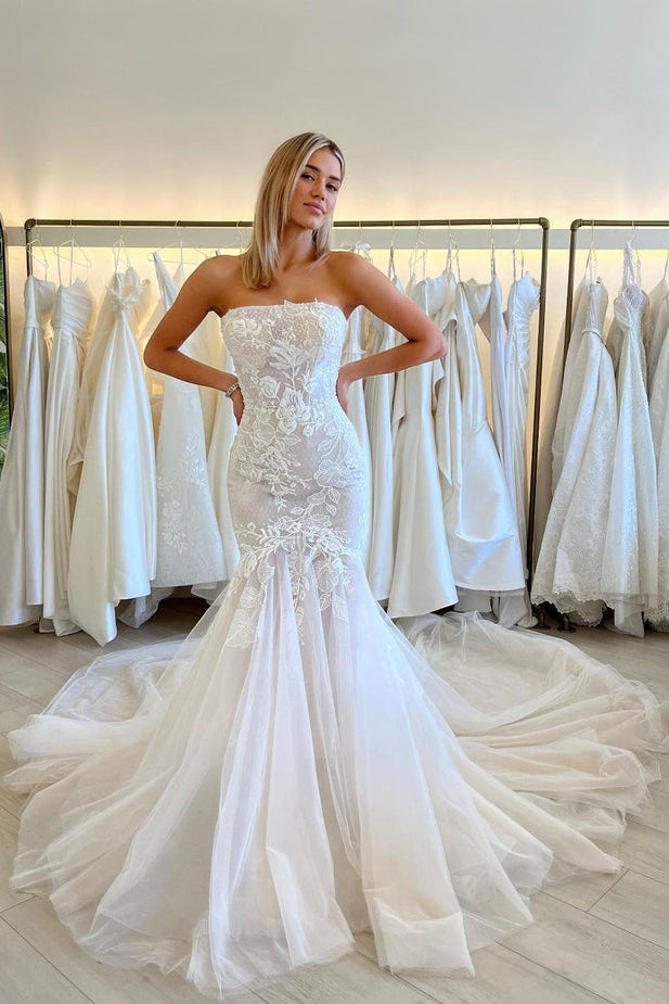 Charming Mermaid Ivory Strapless Tulle Wedding Dresses With Appliques, Bridal Gowns OW0133