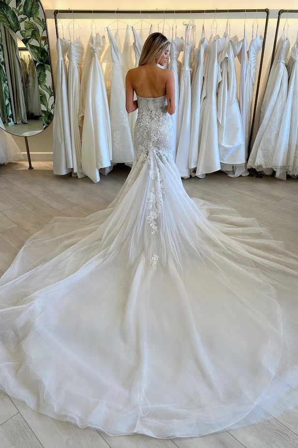 Charming Mermaid Ivory Strapless Tulle Wedding Dresses With Appliques, Bridal Gowns OW0133