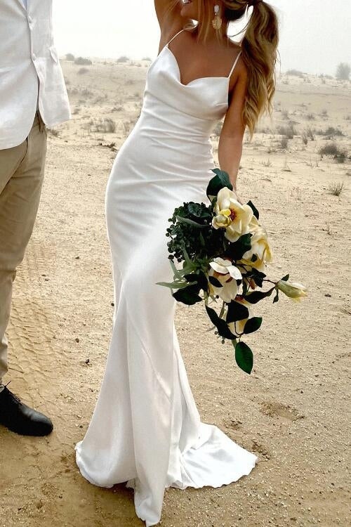 Simple Mermaid Ivory Spaghetti Straps Cowl Neck Beach Wedding Dresses, Wedding Gown OW0040