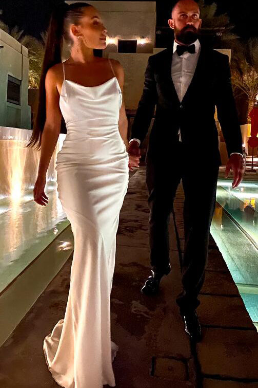 Simple Mermaid Ivory Spaghetti Straps Cowl Neck Beach Wedding Dresses, Wedding Gown OW0040