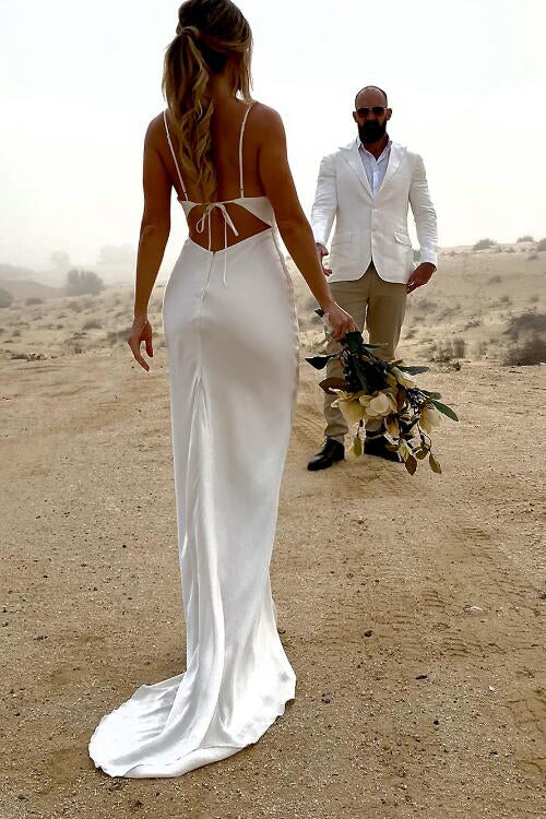 Simple Mermaid Ivory Spaghetti Straps Cowl Neck Beach Wedding Dresses, Wedding Gown OW0040
