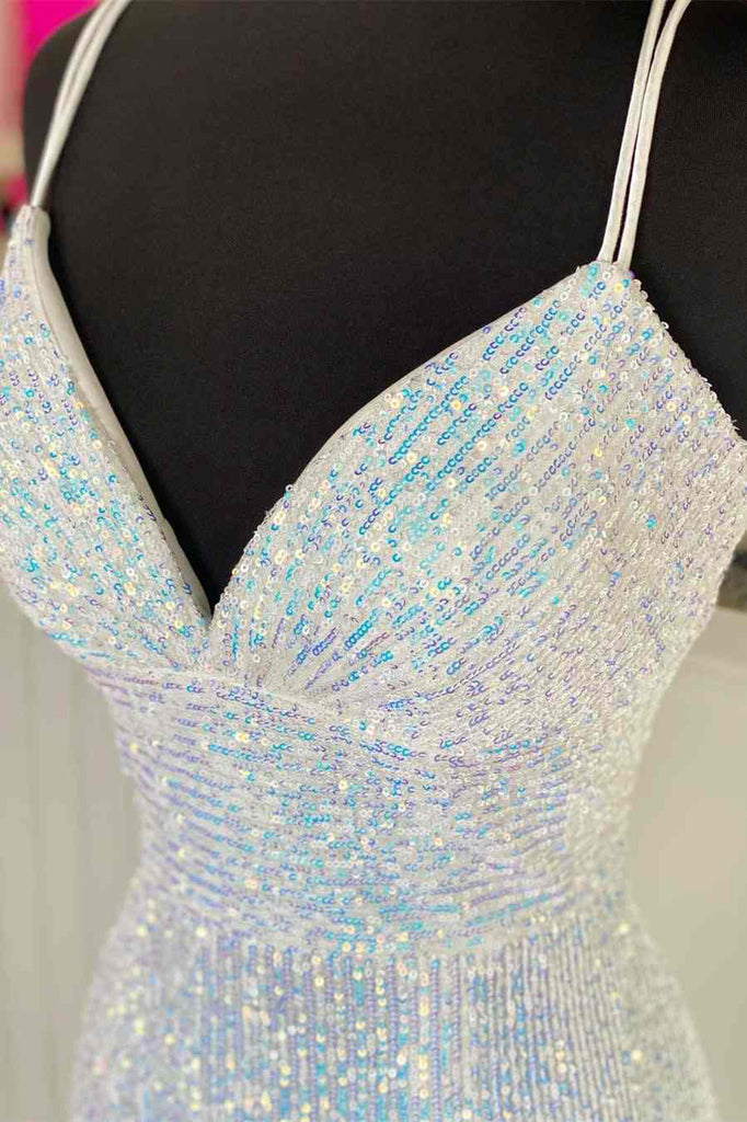 Shiny Mermaid Sequins V neck Long Prom Dresses, White Sleeveless Evening Dresses OM0246
