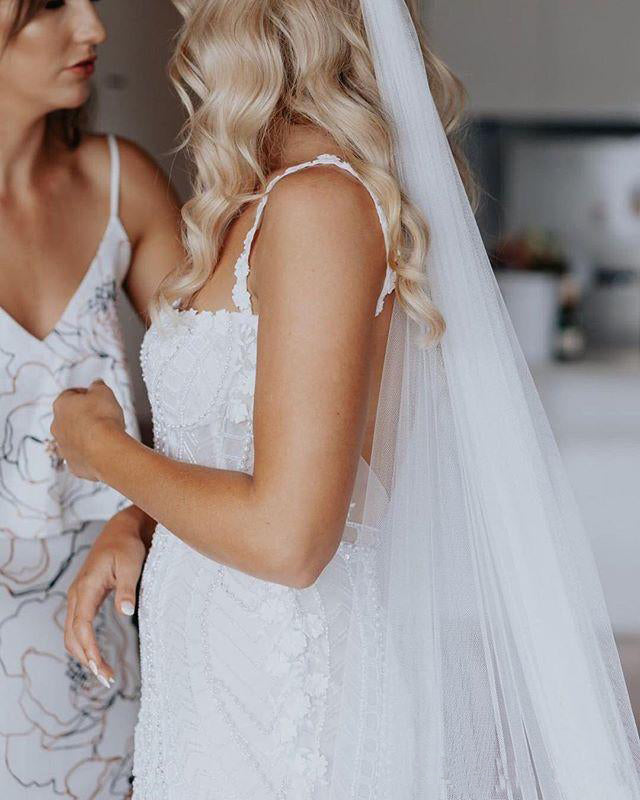 Charming Lace Spaghetti Straps Mermaid Backless Wedding Dresses, Boho Bridal Dresses OW0015