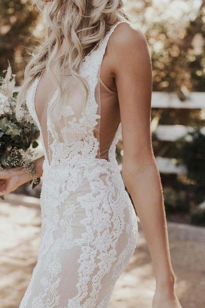 Mermaid Deep V Neck Lace Straps Boho Wedding Dresses, Backless Bridal Gowns OW0043