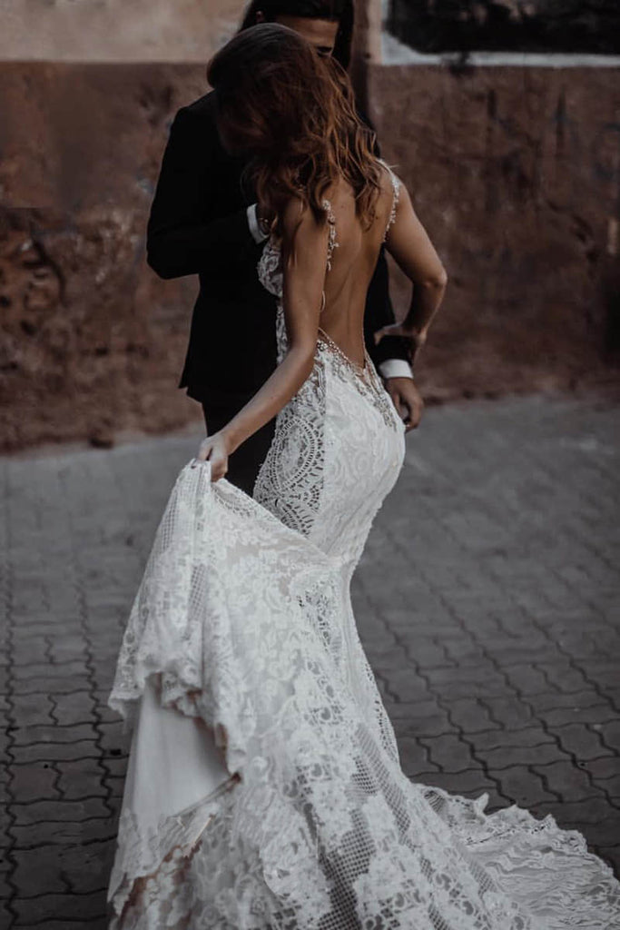 Sexy Mermaid Lace Illusion Deep V Neck Ivory Backless Beach Wedding Dresses, Bridal Gown OW0029