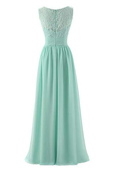 Mint Green V Neck Long Simple Pleated Bridesmaid Dress with Lace PPD57