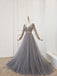 A Line Long Sleeves V Neck Grey Beading Prom Dresses PDS91