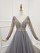 A Line Long Sleeves V Neck Grey Beading Prom Dresses PDS91