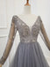 A Line Long Sleeves V Neck Grey Beading Prom Dresses PDS91