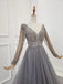 A Line Long Sleeves V Neck Grey Beading Prom Dresses PDS91