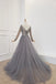 A Line Long Sleeves V Neck Grey Beading Prom Dresses PDS91