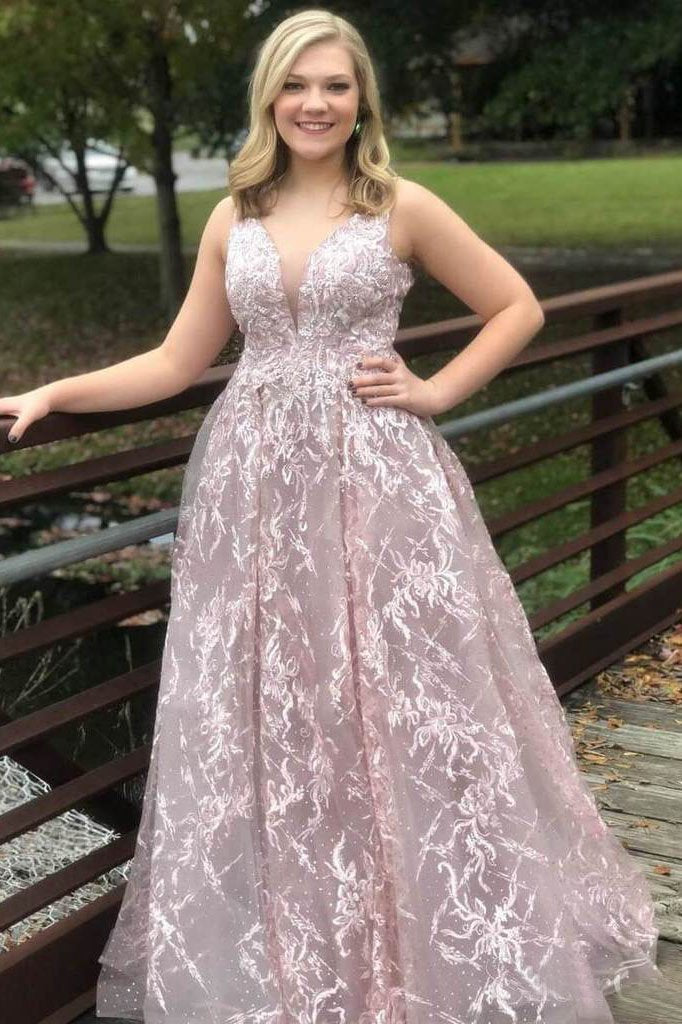 Modest Sleeveless Lace Pink Prom Dresses Long Formal Dresses PDO92