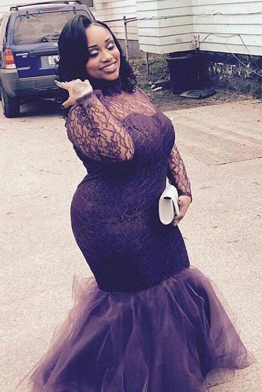 Elegant Mermaid High Neck Long Sleeves Lace Floor-Length Tulle Plus Size Prom Dresses PDF39