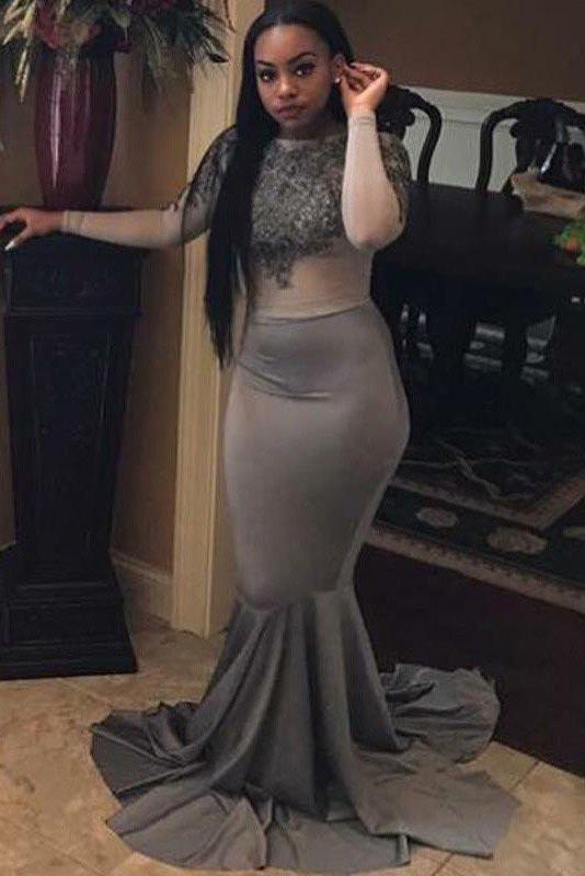 Trumpet/Mermaid Long Sleeves Applique Grey Plus Size Dresses PDF43